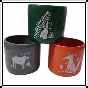 Ceramic Flower Pot Set of 3 Wolf Rabbit Moose 4.5” diameter